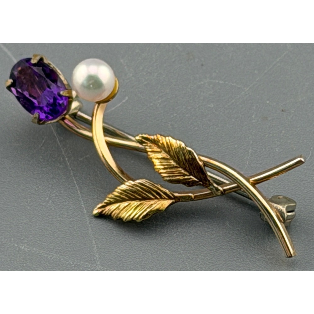 Vintage Floral Brooch Amethyst Freshwater Pearl Gold Filled 1.25"